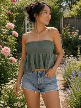 American Eagle Crop Top Lace Boho Green Smocked Peasant Cottagecore Lined XL